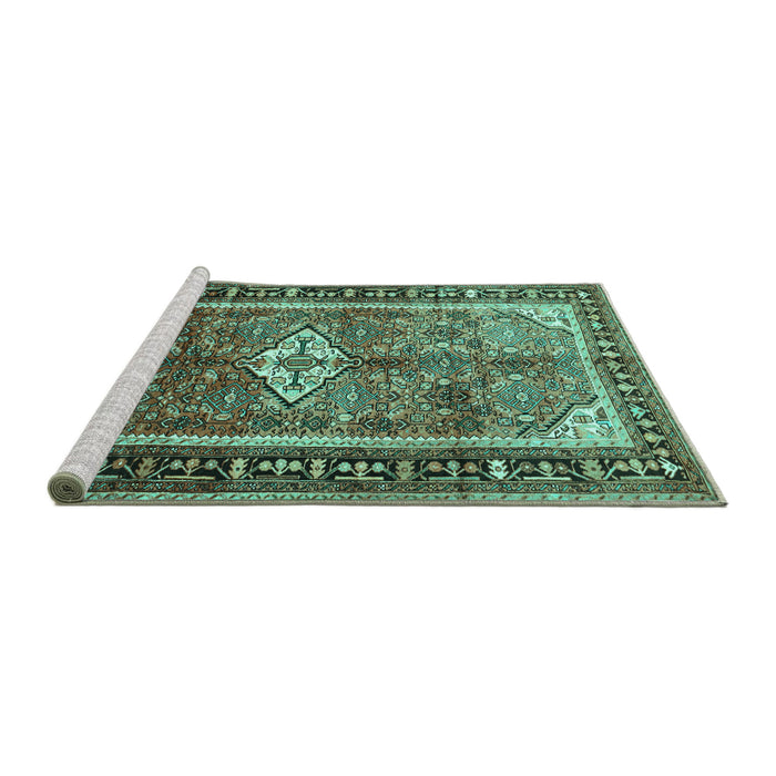 Sideview of Machine Washable Persian Turquoise Traditional Area Rugs, wshtr410turq