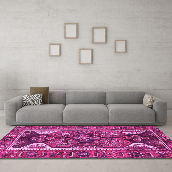 Machine Washable Persian Pink Traditional Rug in a Living Room, wshtr4110pnk