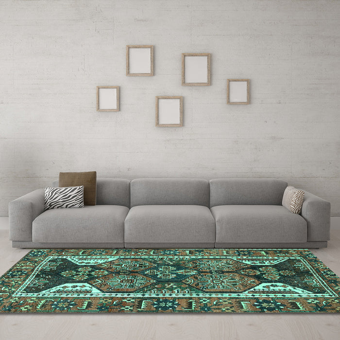 Machine Washable Persian Turquoise Traditional Area Rugs in a Living Room,, wshtr4110turq