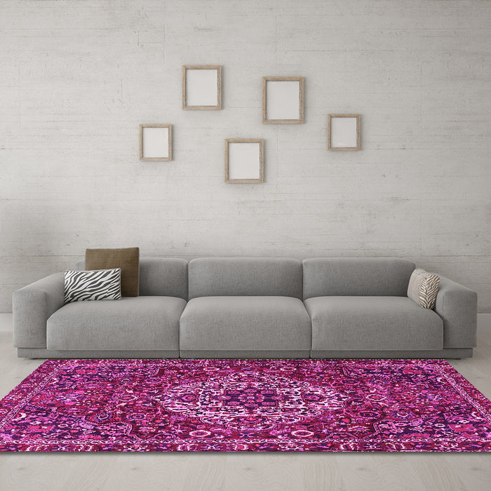 Machine Washable Persian Pink Traditional Rug in a Living Room, wshtr4111pnk