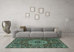 Machine Washable Persian Turquoise Traditional Area Rugs in a Living Room,, wshtr4111turq