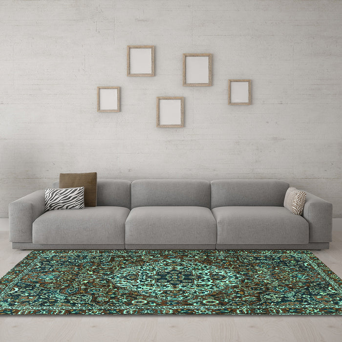 Machine Washable Persian Turquoise Traditional Area Rugs in a Living Room,, wshtr4111turq