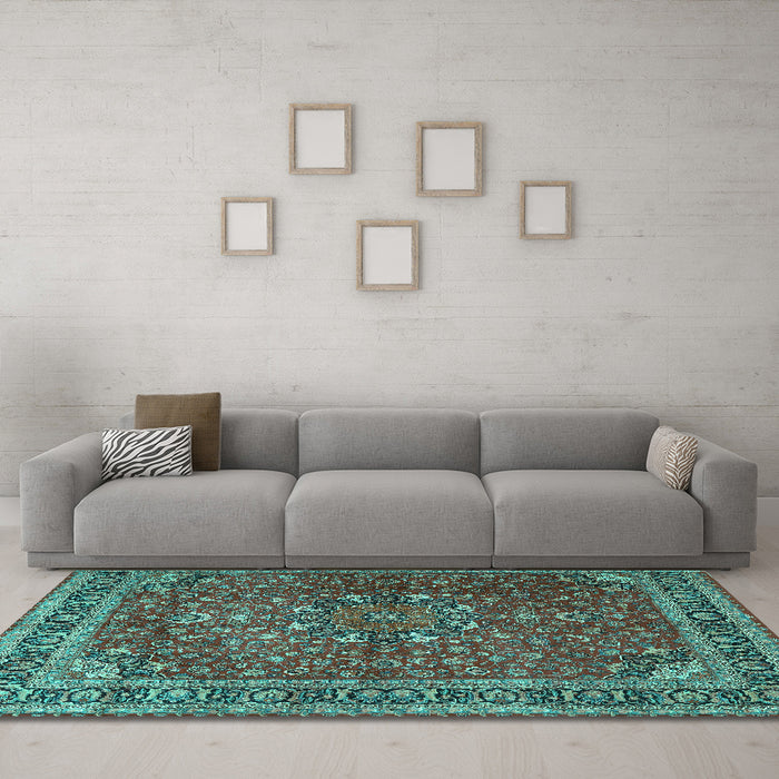 Machine Washable Persian Turquoise Traditional Area Rugs in a Living Room,, wshtr4112turq