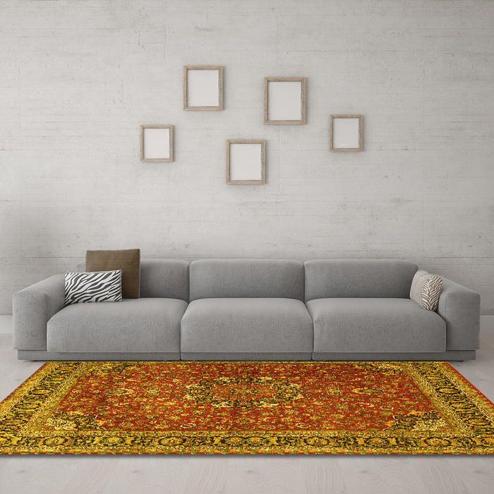 Machine Washable Persian Yellow Traditional Rug in a Living Room, wshtr4112yw