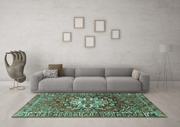 Machine Washable Persian Turquoise Traditional Area Rugs in a Living Room,, wshtr4113turq