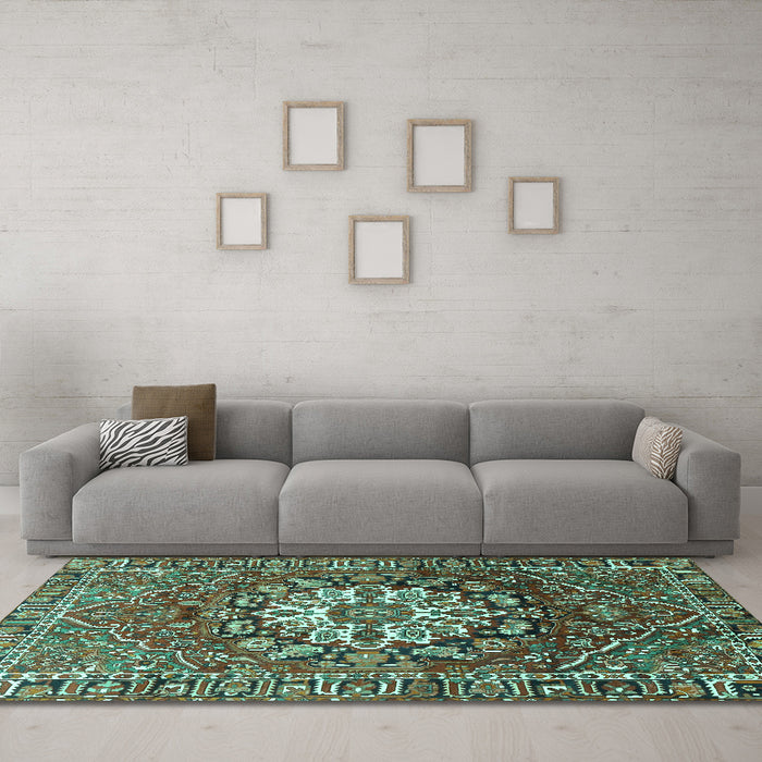 Machine Washable Persian Turquoise Traditional Area Rugs in a Living Room,, wshtr4113turq