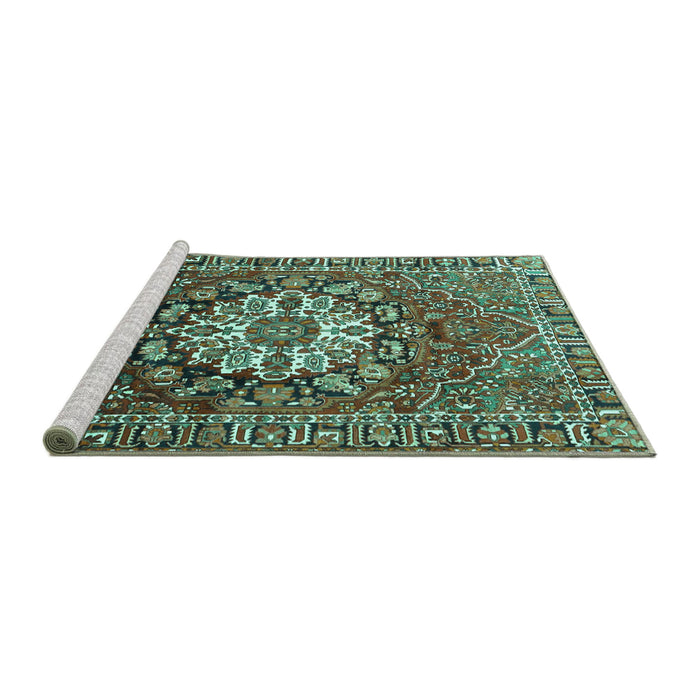 Sideview of Machine Washable Persian Turquoise Traditional Area Rugs, wshtr4113turq