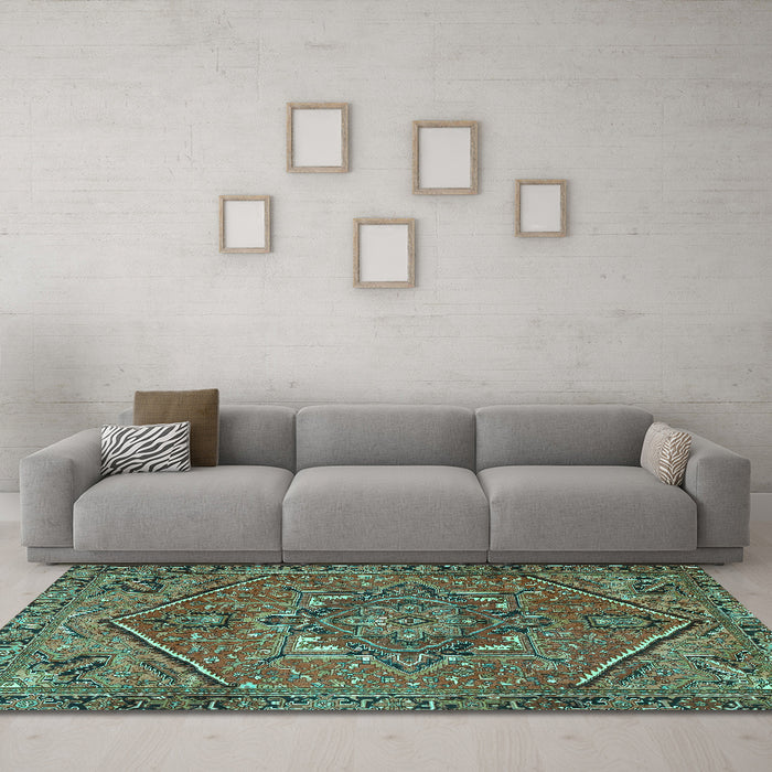 Machine Washable Persian Turquoise Traditional Area Rugs in a Living Room,, wshtr4115turq