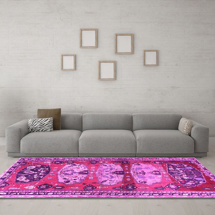 Machine Washable Persian Pink Traditional Rug in a Living Room, wshtr4116pnk