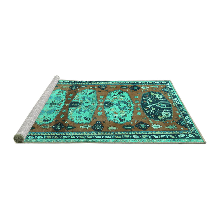 Sideview of Machine Washable Persian Turquoise Traditional Area Rugs, wshtr4116turq