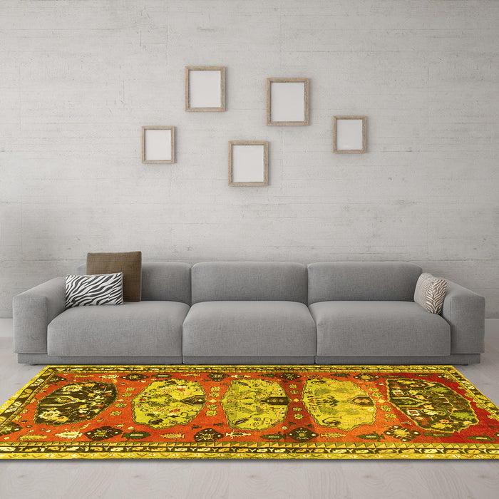 Machine Washable Persian Yellow Traditional Rug in a Living Room, wshtr4116yw