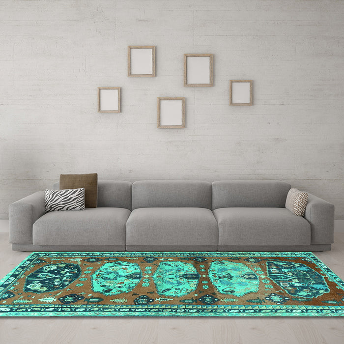 Machine Washable Persian Turquoise Traditional Area Rugs in a Living Room,, wshtr4116turq
