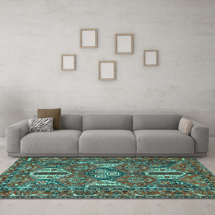 Machine Washable Persian Turquoise Traditional Area Rugs in a Living Room,, wshtr4117turq