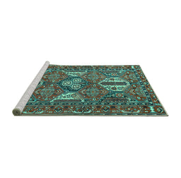 Sideview of Machine Washable Persian Turquoise Traditional Area Rugs, wshtr4117turq