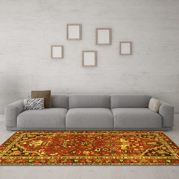 Machine Washable Persian Yellow Traditional Rug in a Living Room, wshtr4118yw