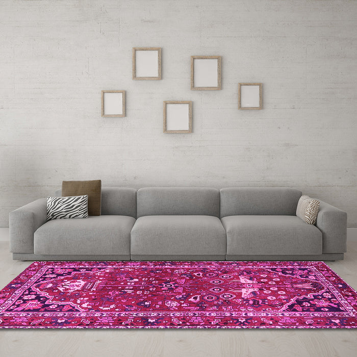 Machine Washable Persian Pink Traditional Rug in a Living Room, wshtr4118pnk