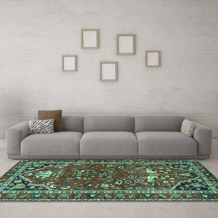 Machine Washable Persian Turquoise Traditional Area Rugs in a Living Room,, wshtr4118turq