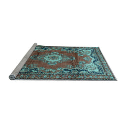 Sideview of Machine Washable Medallion Light Blue Traditional Rug, wshtr411lblu