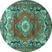 Round Machine Washable Medallion Turquoise Traditional Area Rugs, wshtr411turq