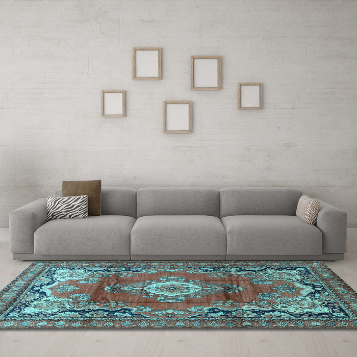 Machine Washable Medallion Light Blue Traditional Rug in a Living Room, wshtr411lblu