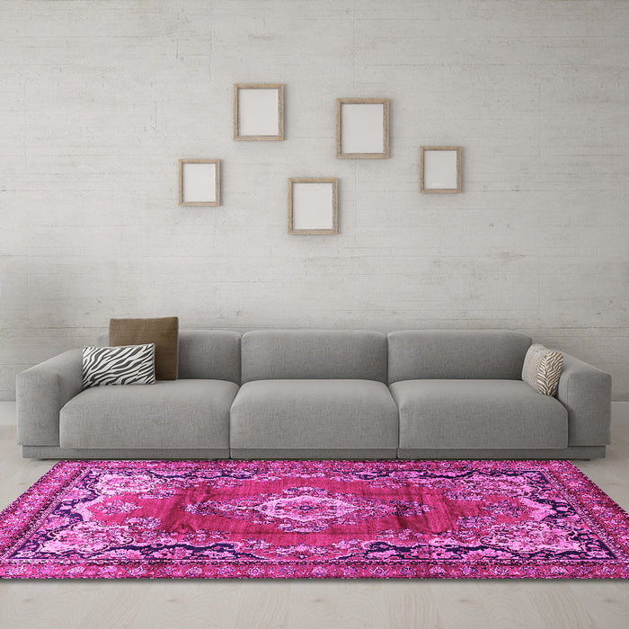 Machine Washable Medallion Pink Traditional Rug in a Living Room, wshtr411pnk
