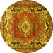 Round Machine Washable Medallion Yellow Traditional Rug, wshtr411yw