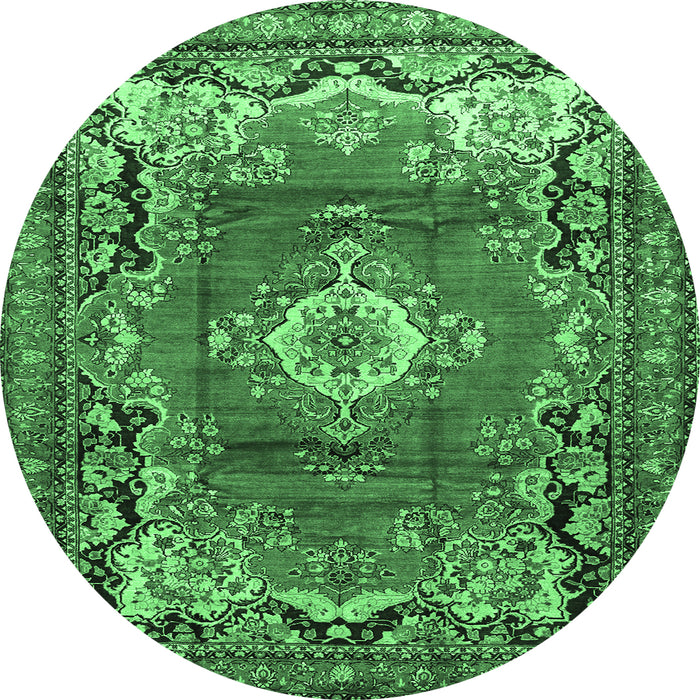 Round Machine Washable Medallion Emerald Green Traditional Area Rugs, wshtr411emgrn