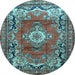 Round Machine Washable Medallion Light Blue Traditional Rug, wshtr411lblu