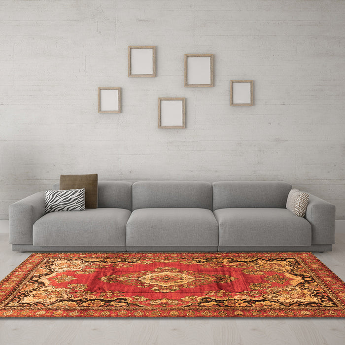 Machine Washable Medallion Orange Traditional Area Rugs in a Living Room, wshtr411org
