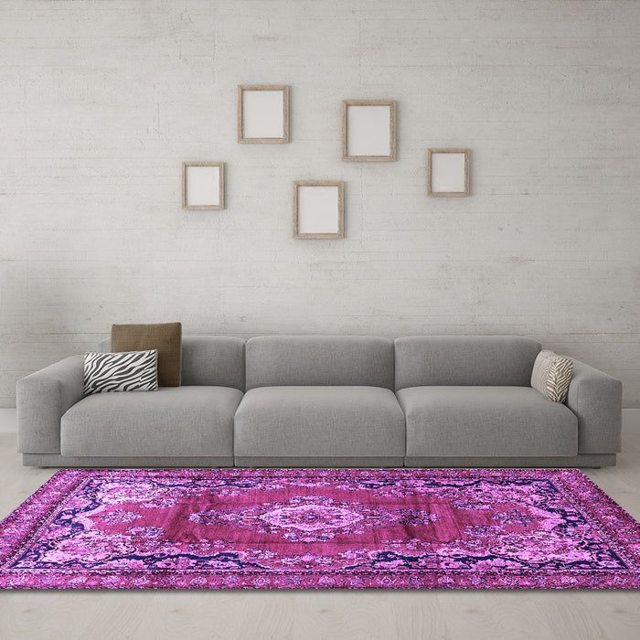 Machine Washable Medallion Purple Traditional Area Rugs in a Living Room, wshtr411pur