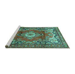 Sideview of Machine Washable Medallion Turquoise Traditional Area Rugs, wshtr411turq
