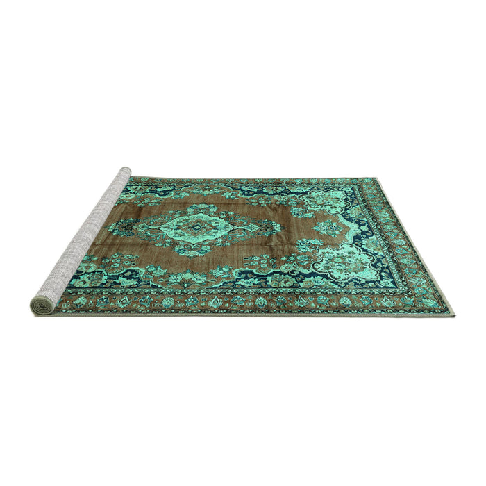 Sideview of Machine Washable Medallion Turquoise Traditional Area Rugs, wshtr411turq