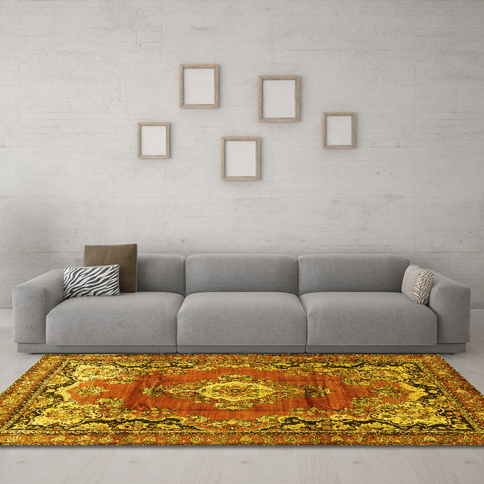 Machine Washable Medallion Yellow Traditional Rug in a Living Room, wshtr411yw