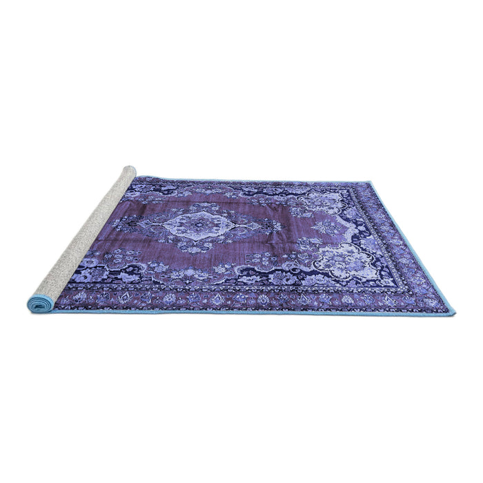 Sideview of Machine Washable Medallion Blue Traditional Rug, wshtr411blu