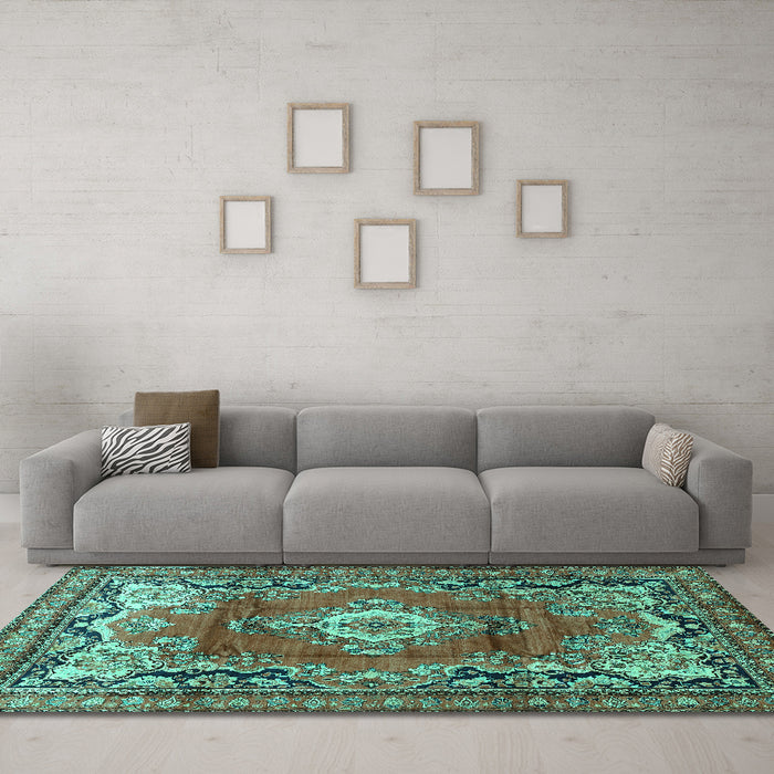 Machine Washable Medallion Turquoise Traditional Area Rugs in a Living Room,, wshtr411turq