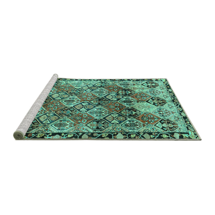 Sideview of Machine Washable Persian Turquoise Traditional Area Rugs, wshtr4123turq