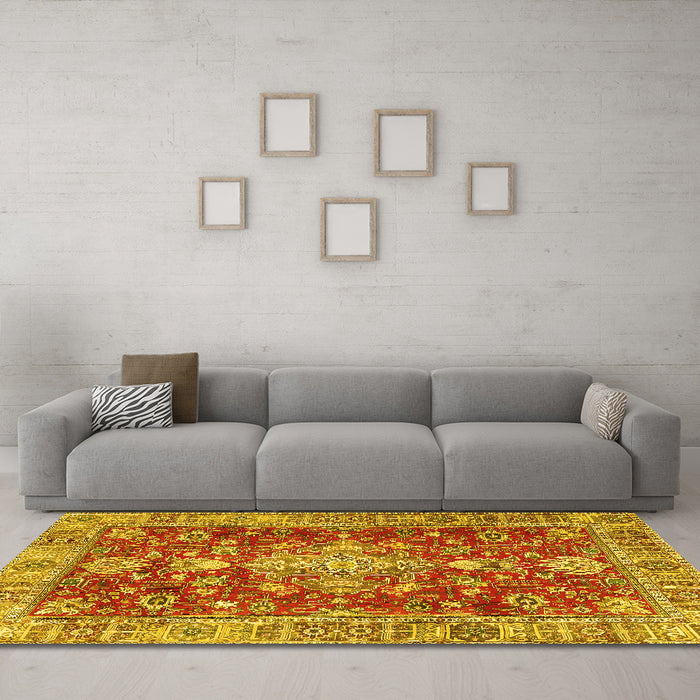 Machine Washable Persian Yellow Traditional Rug in a Living Room, wshtr4124yw
