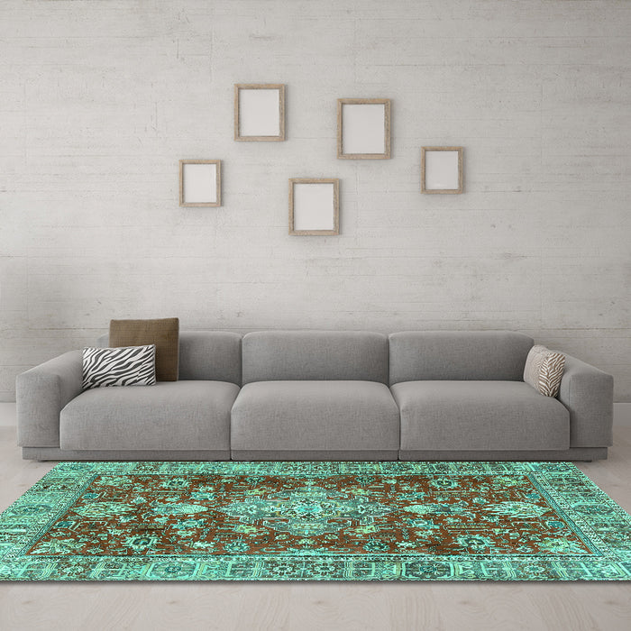 Machine Washable Persian Turquoise Traditional Area Rugs in a Living Room,, wshtr4124turq