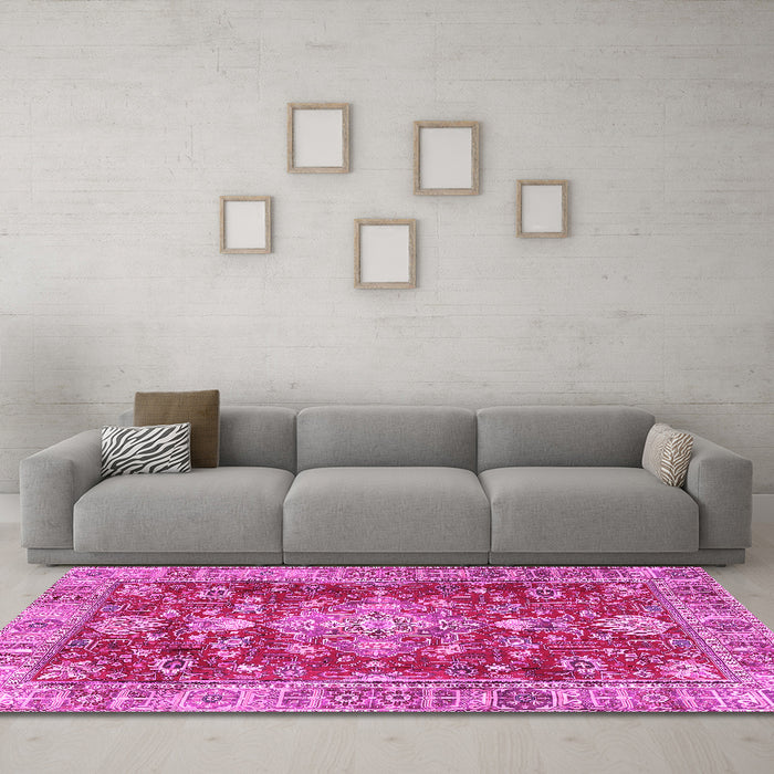 Machine Washable Persian Pink Traditional Rug in a Living Room, wshtr4124pnk