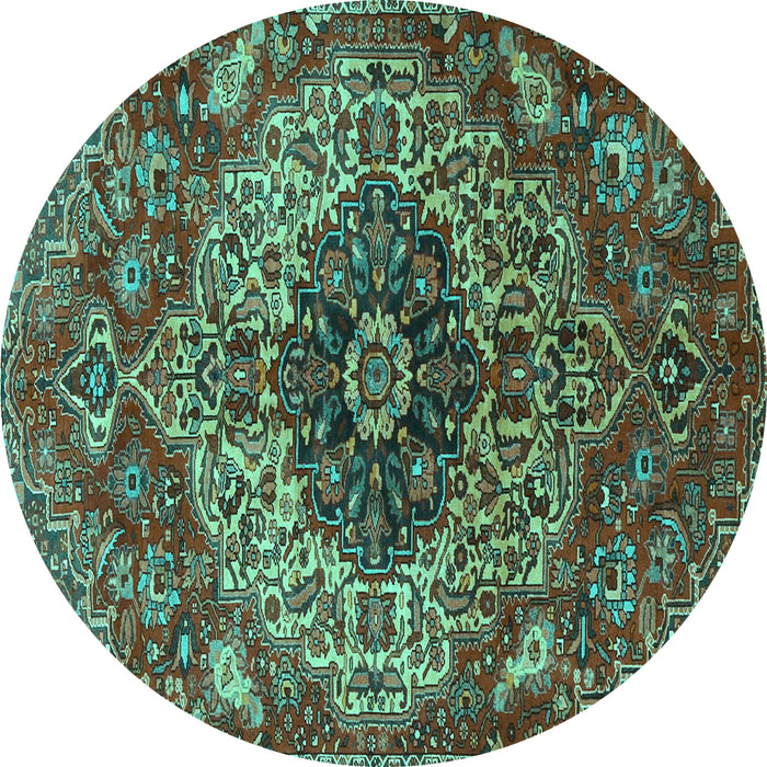 Round Machine Washable Medallion Turquoise Traditional Area Rugs, wshtr4125turq