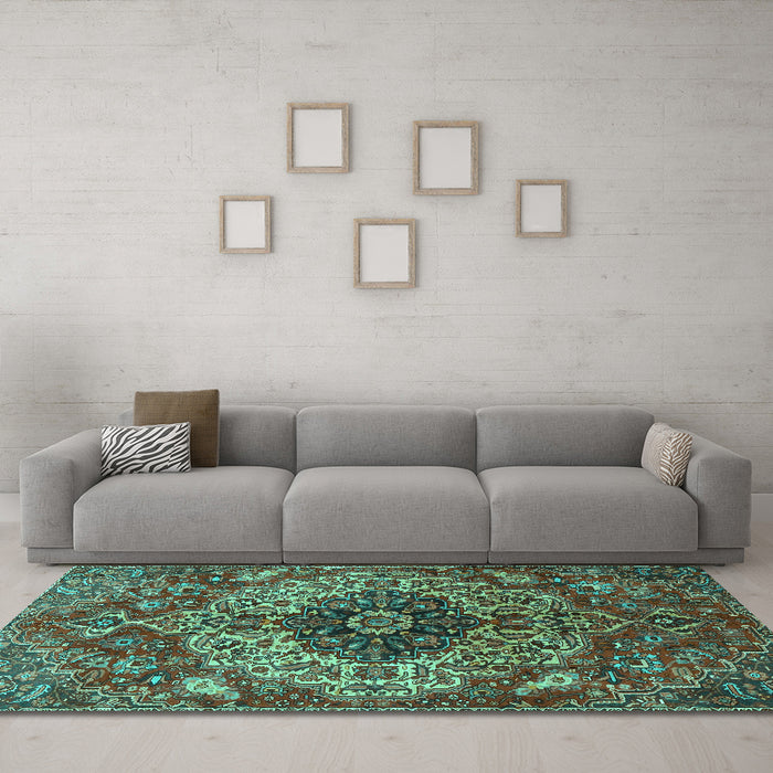 Machine Washable Medallion Turquoise Traditional Area Rugs in a Living Room,, wshtr4125turq