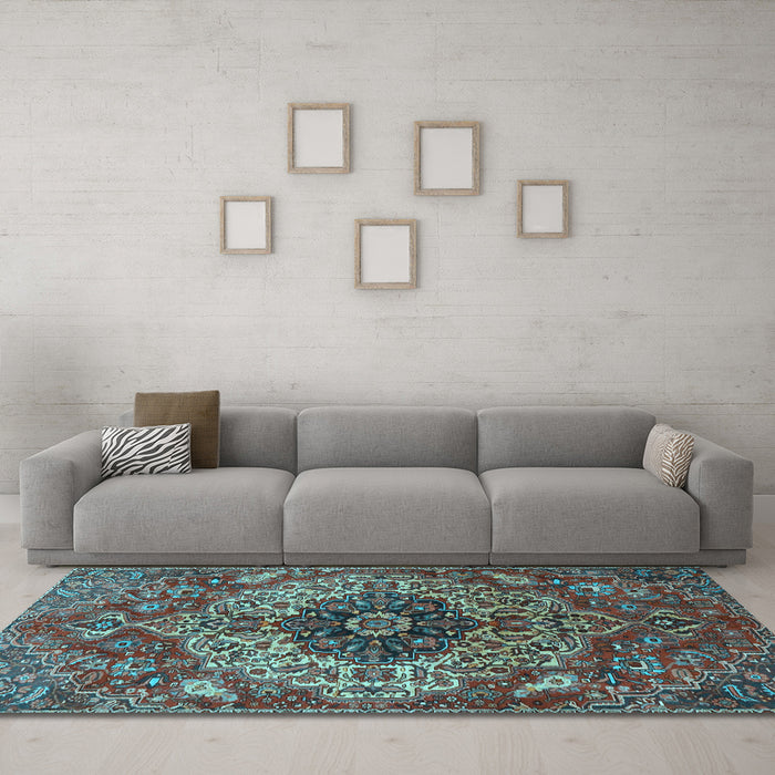 Machine Washable Medallion Light Blue Traditional Rug in a Living Room, wshtr4125lblu
