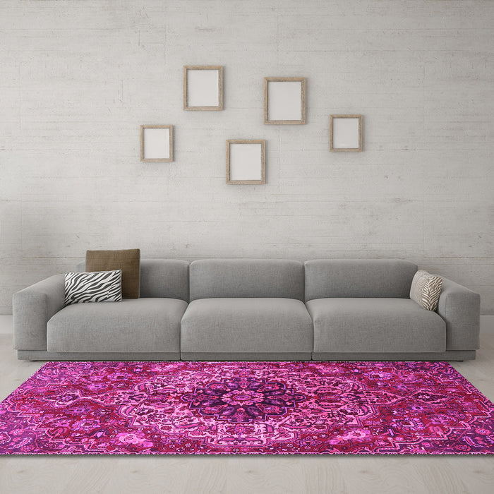 Machine Washable Medallion Pink Traditional Rug in a Living Room, wshtr4125pnk