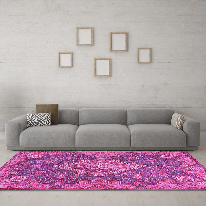 Machine Washable Medallion Pink Traditional Rug in a Living Room, wshtr4127pnk