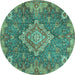 Round Machine Washable Medallion Turquoise Traditional Area Rugs, wshtr4127turq