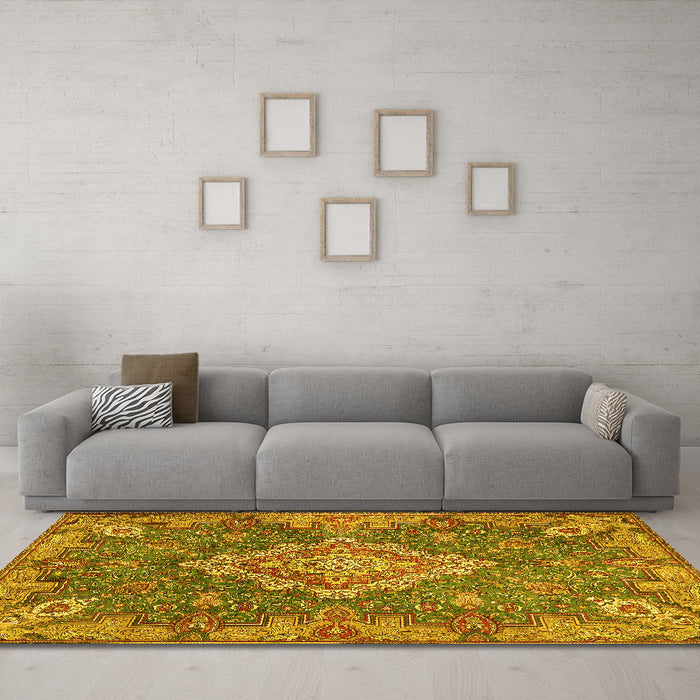 Machine Washable Medallion Yellow Traditional Rug in a Living Room, wshtr4127yw