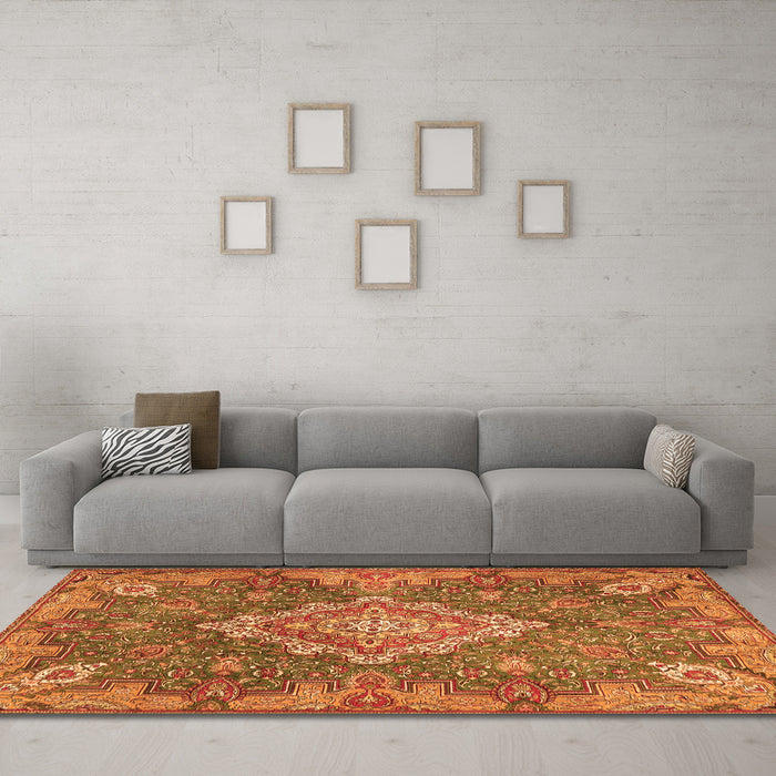 Machine Washable Medallion Orange Traditional Area Rugs in a Living Room, wshtr4127org