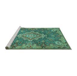 Sideview of Machine Washable Medallion Turquoise Traditional Area Rugs, wshtr4127turq