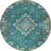 Round Machine Washable Medallion Light Blue Traditional Rug, wshtr4127lblu