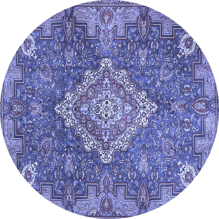 Round Machine Washable Medallion Blue Traditional Rug, wshtr4127blu